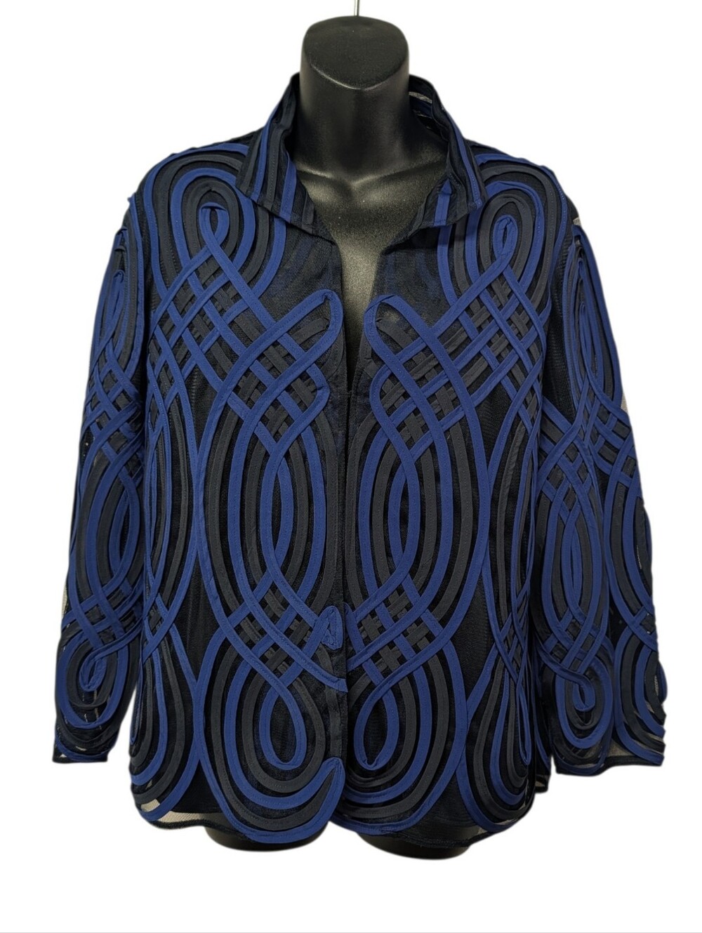 Chico's Travelers Black Blue Mesh Embroidered Geometric Open Front Jacket Sz 10